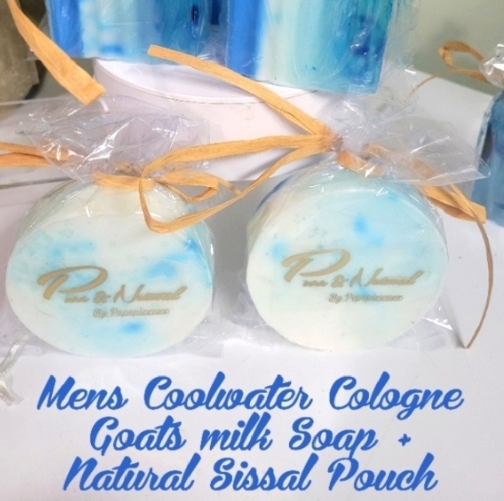 MEN'S Goats Milk SOAP "COOLWATER" FRAGRANCE + SISSAL SCRUB POUCH 6oz Round